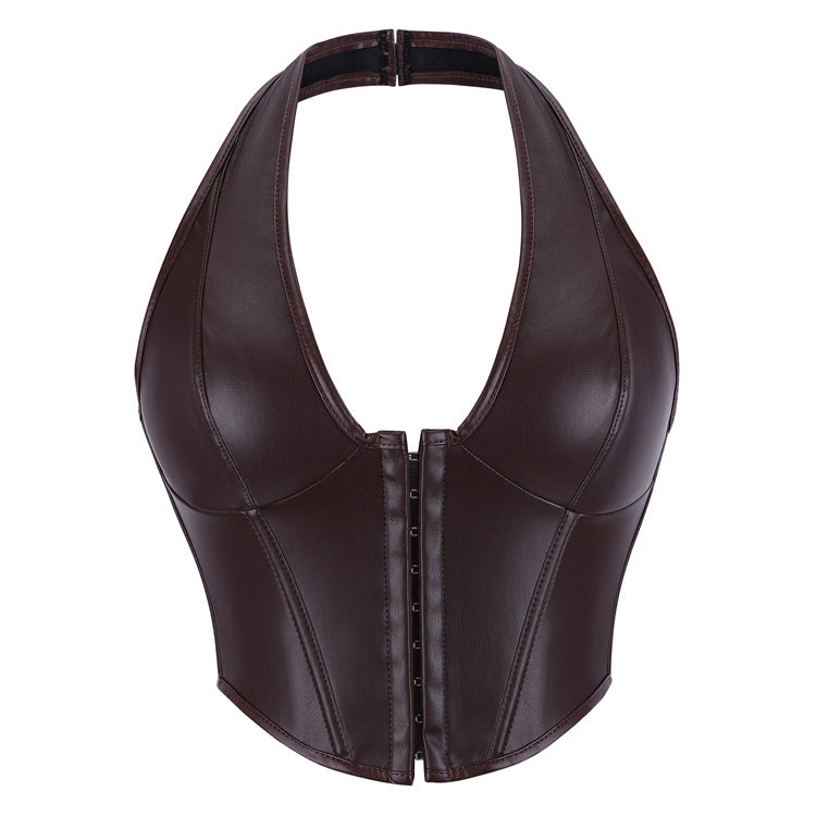 Shapewear Top, Solid Color Fishbone Corset, Fashionable Women's Clothing, Sexy Pu Leather Neck Hook & Button-Style Vest