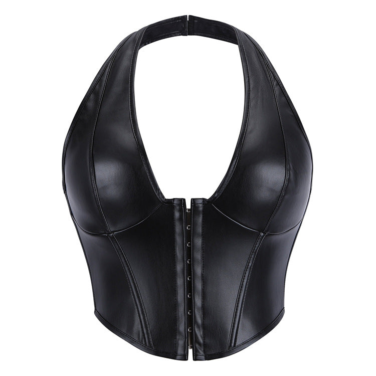 Shapewear Top, Solid Color Fishbone Corset, Fashionable Women's Clothing, Sexy Pu Leather Neck Hook & Button-Style Vest
