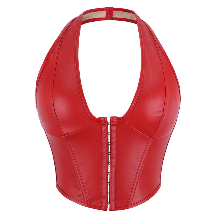 Shapewear Top, Solid Color Fishbone Corset, Fashionable Women's Clothing, Sexy Pu Leather Neck Hook & Button-Style Vest