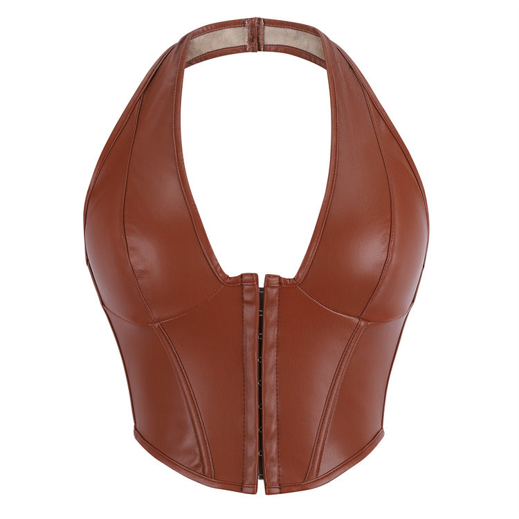 Shapewear Top, Solid Color Fishbone Corset, Fashionable Women's Clothing, Sexy Pu Leather Neck Hook & Button-Style Vest