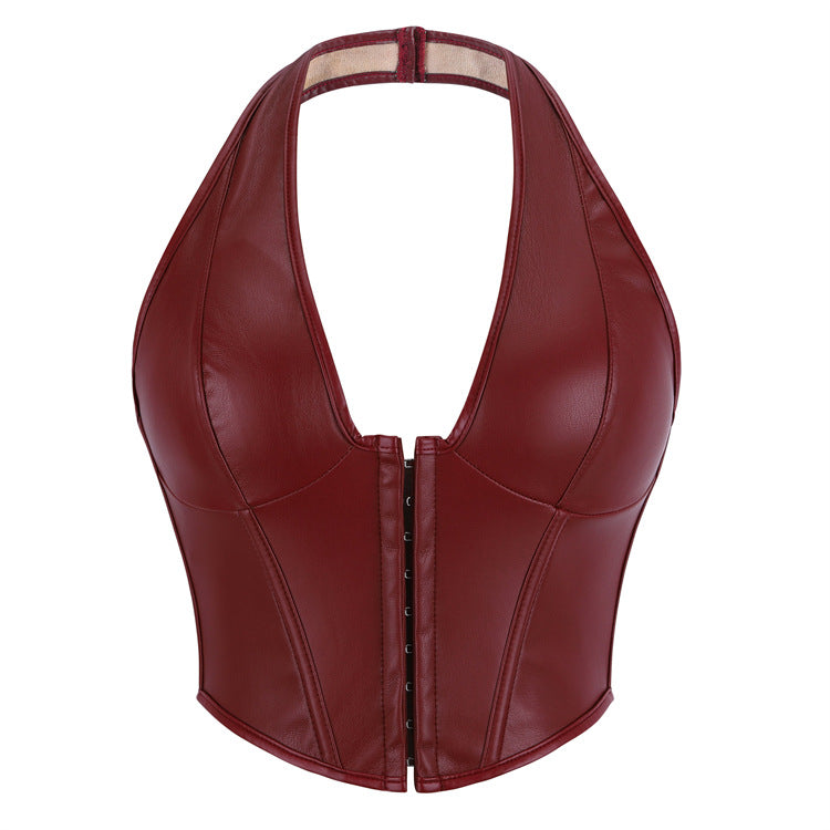 Shapewear Top, Solid Color Fishbone Corset, Fashionable Women's Clothing, Sexy Pu Leather Neck Hook & Button-Style Vest