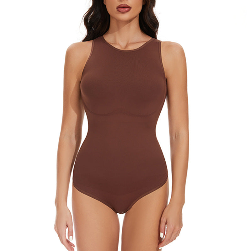 Slimming Shapewear Bodysuit with Waist-Cinching Vest, Solid Color Round-Neck One-Piece Jumpsuit